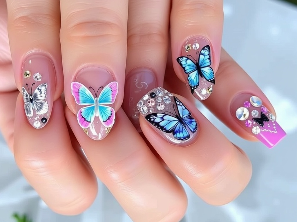 Butterfly & 3D Embellished Nails